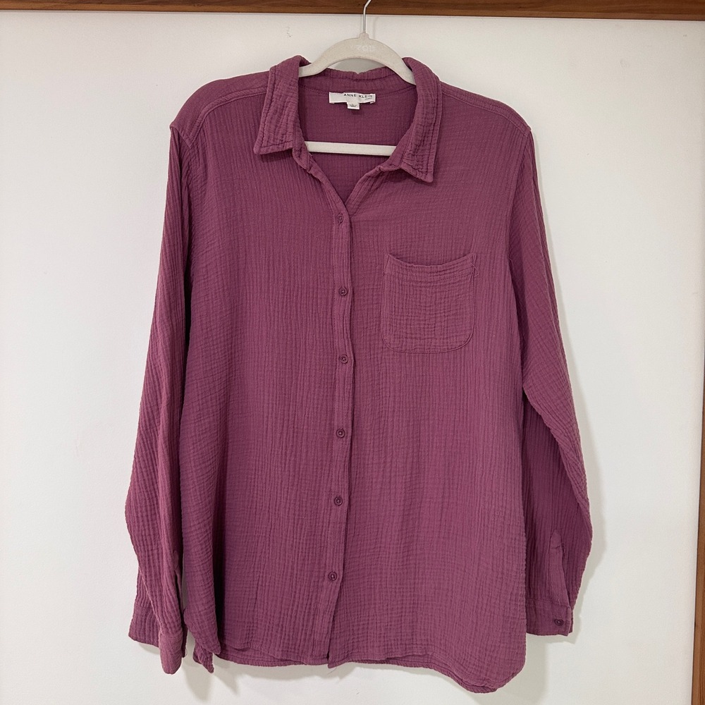 Anne Klein Jeans Double Gauze Button Down Women Large Purple Pocket | Coastal
